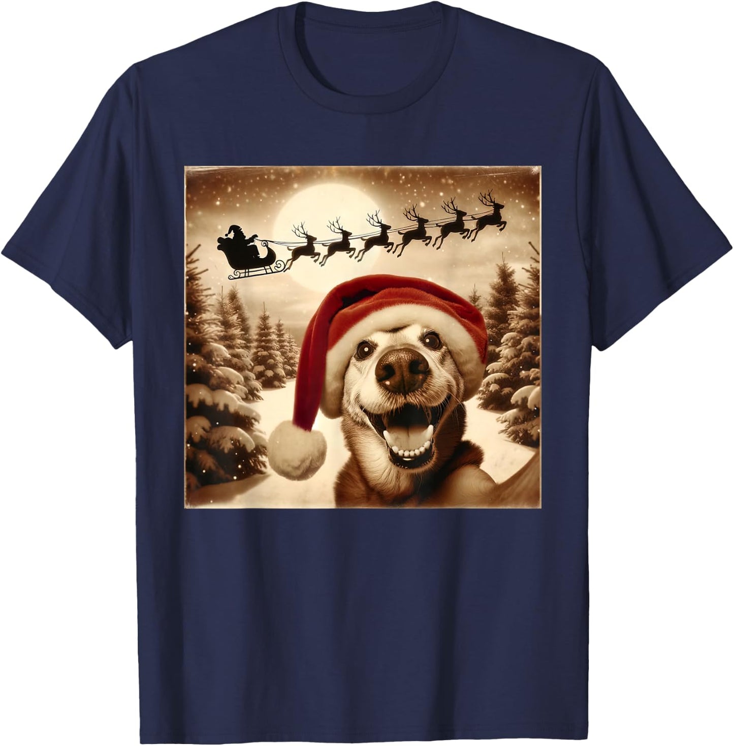 Funny Dog Selfie With Santa's Sleigh Weird dog Christmas Women Girls Kids T-Shirt - T-Shirt | Navy