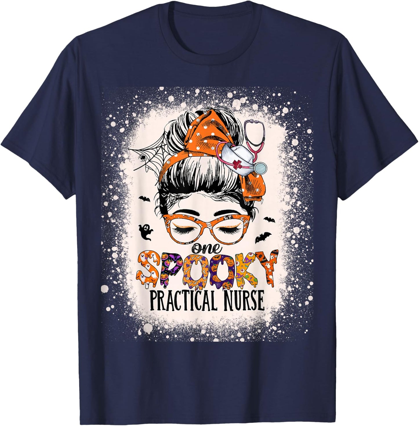 Messy Bun Spooky Practical Nurse Halloween Lpn Nurse T-Shirt - T-Shirt | Navy