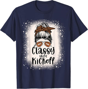 Bleached Football Leopard Messy Bun Classy Until Kickoff T-Shirt - T-Shirt | Navy