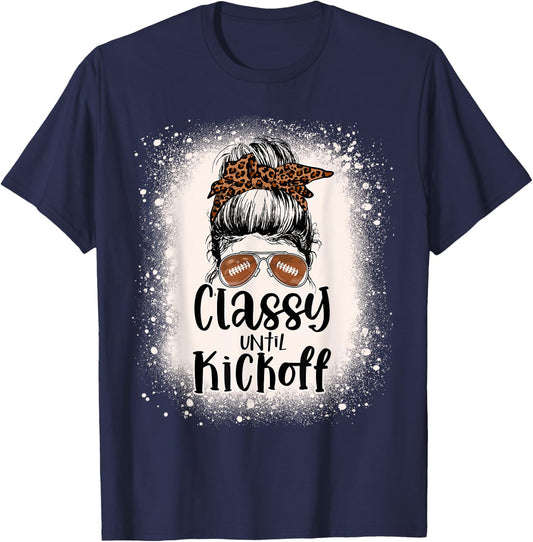 Bleached Football Leopard Messy Bun Classy Until Kickoff T-Shirt - T-Shirt | Navy