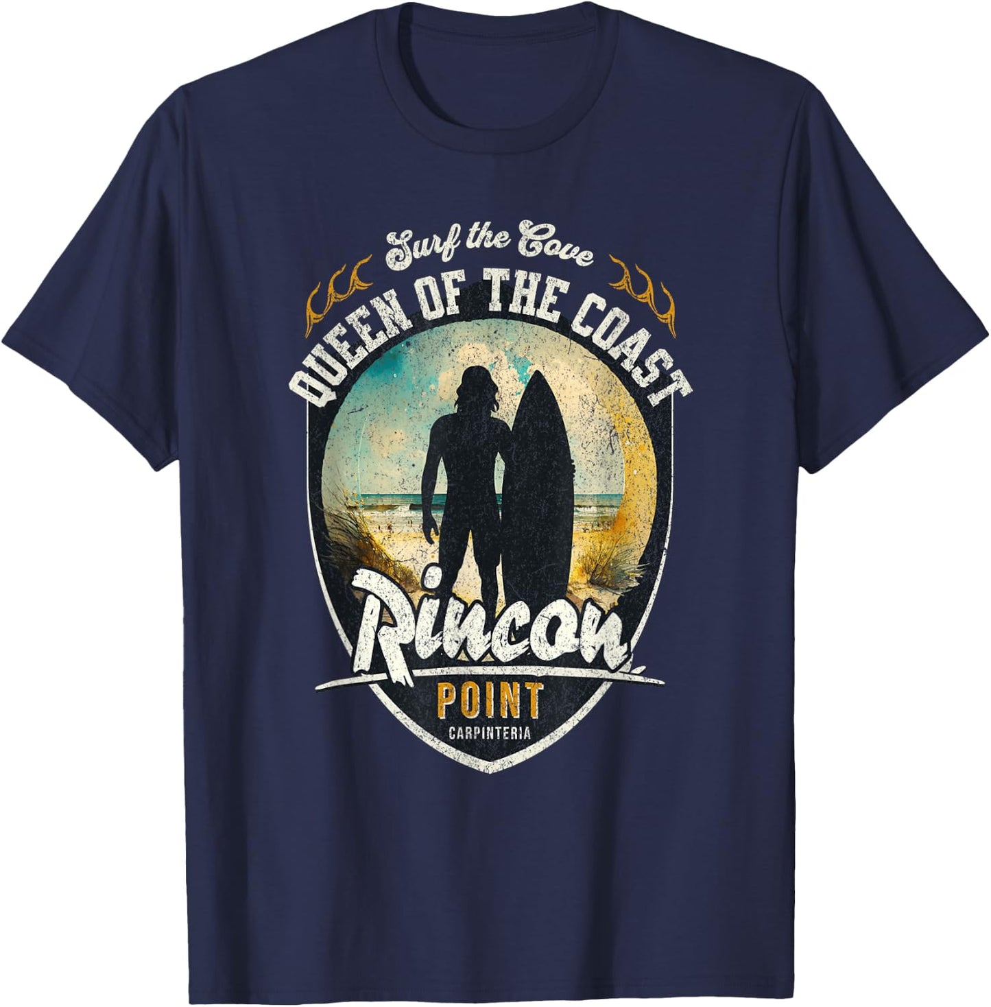 Surf the Cove Rincon Point Carpinteria Retro Beach Surfing T-Shirt - T-Shirt | Navy