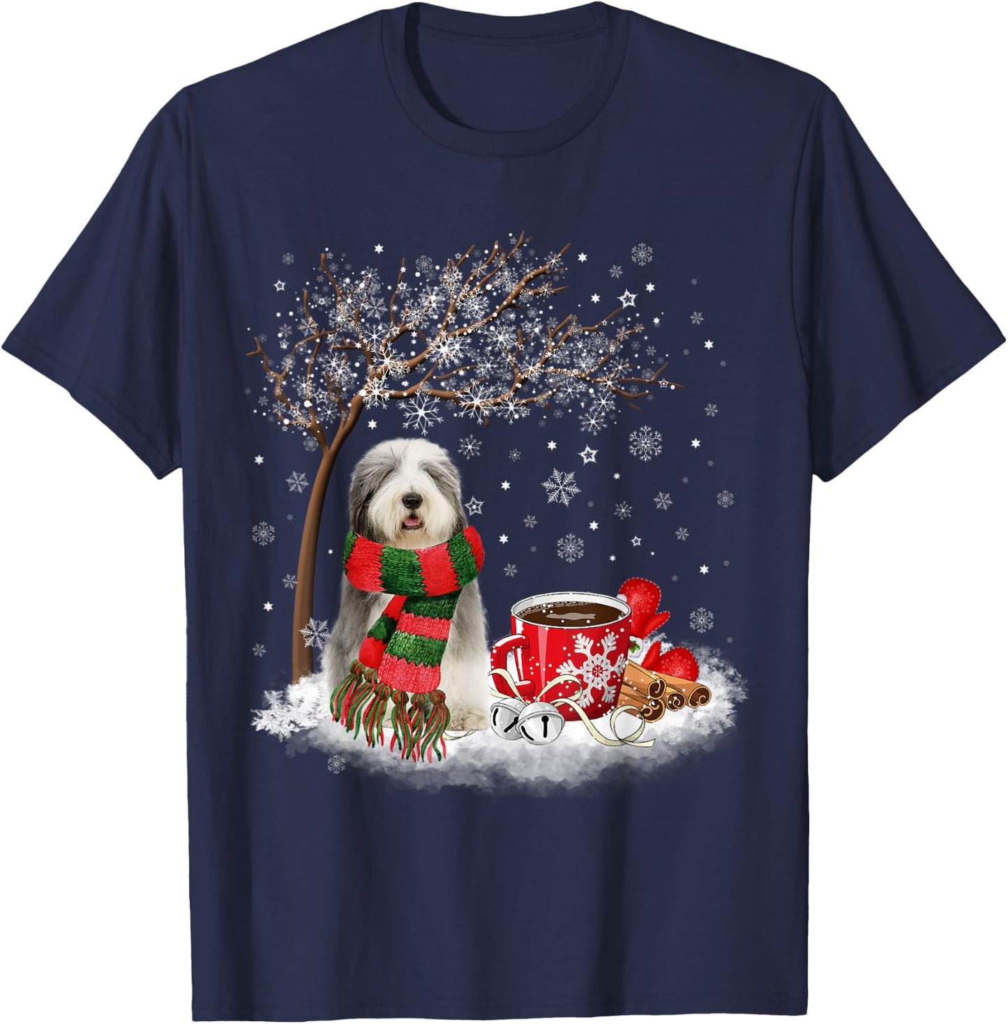 Old English Sheepdog In The Snow Christmas Winter Xmas Tree Men Women Kids T-Shirt - T-Shirt | Navy