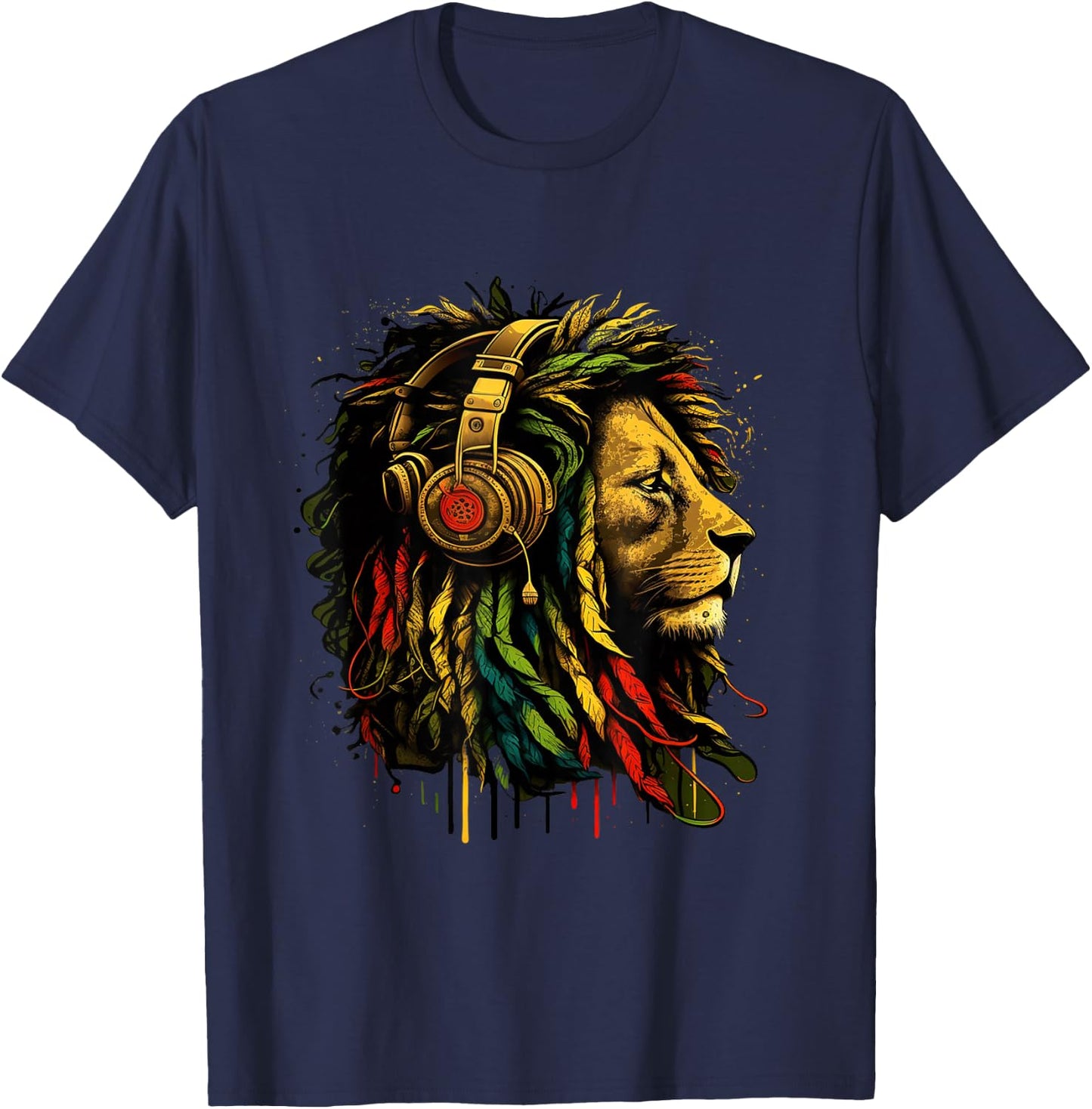 Rasta Reggae Music Headphones Jamaican Pride Lion of Judah T-Shirt - T-Shirt | Navy