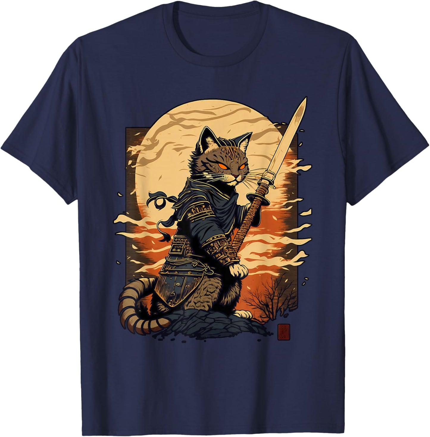 Retro Japanese Warrior Katana Ninja Cat, Samurai Kitten T-Shirt - T-Shirt | Navy