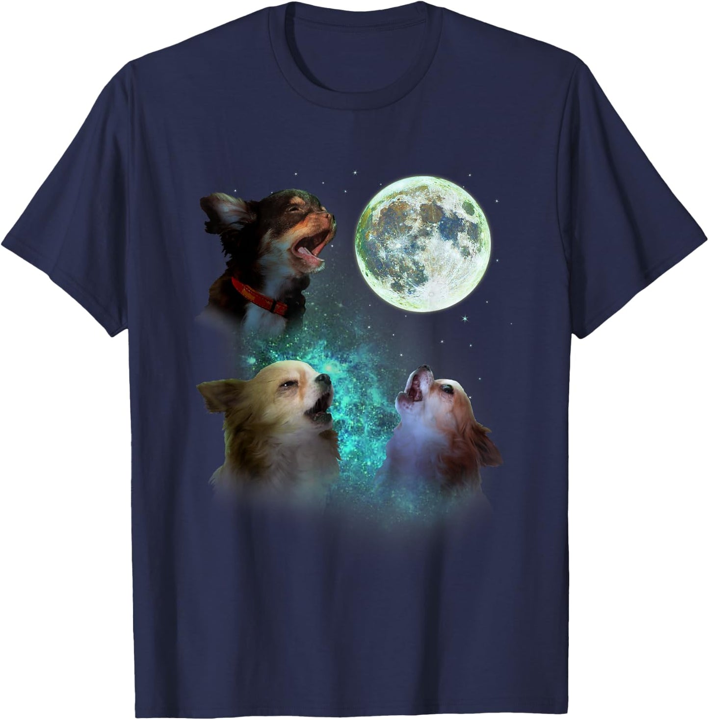 Three Long Hair Chihuahuas Howl At Moon 3 Wolf Wolves Parody T-Shirt - T-Shirt | Navy