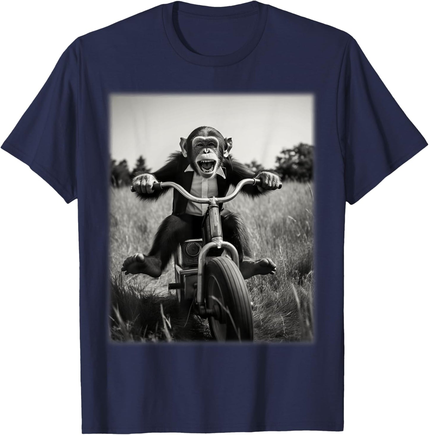 Funny Cute Monkey Chimp Riding Vintage Bicycle Men Woman T-Shirt - T-Shirt | Navy