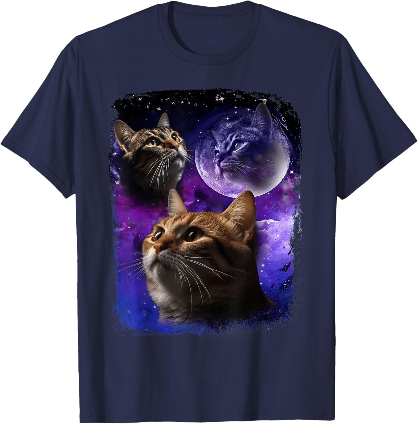 Cat Howling at Moon Galaxy Funny Three Cats Howl wolf meme Men Women T-Shirt - T-Shirt | Navy