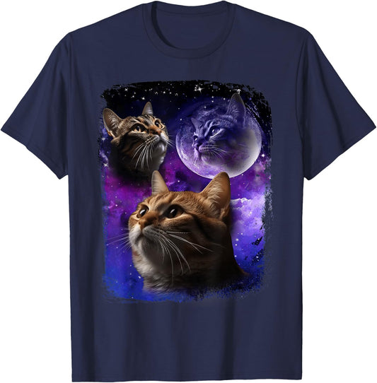 Cat Howling at Moon Galaxy Funny Three Cats Howl wolf meme Men Women T-Shirt - T-Shirt | Navy
