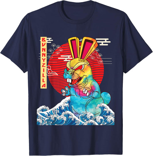 BunnyZilla Vintage Funny Cute Rabbit Art Japanese Sunset T-Shirt - T-Shirt | Navy