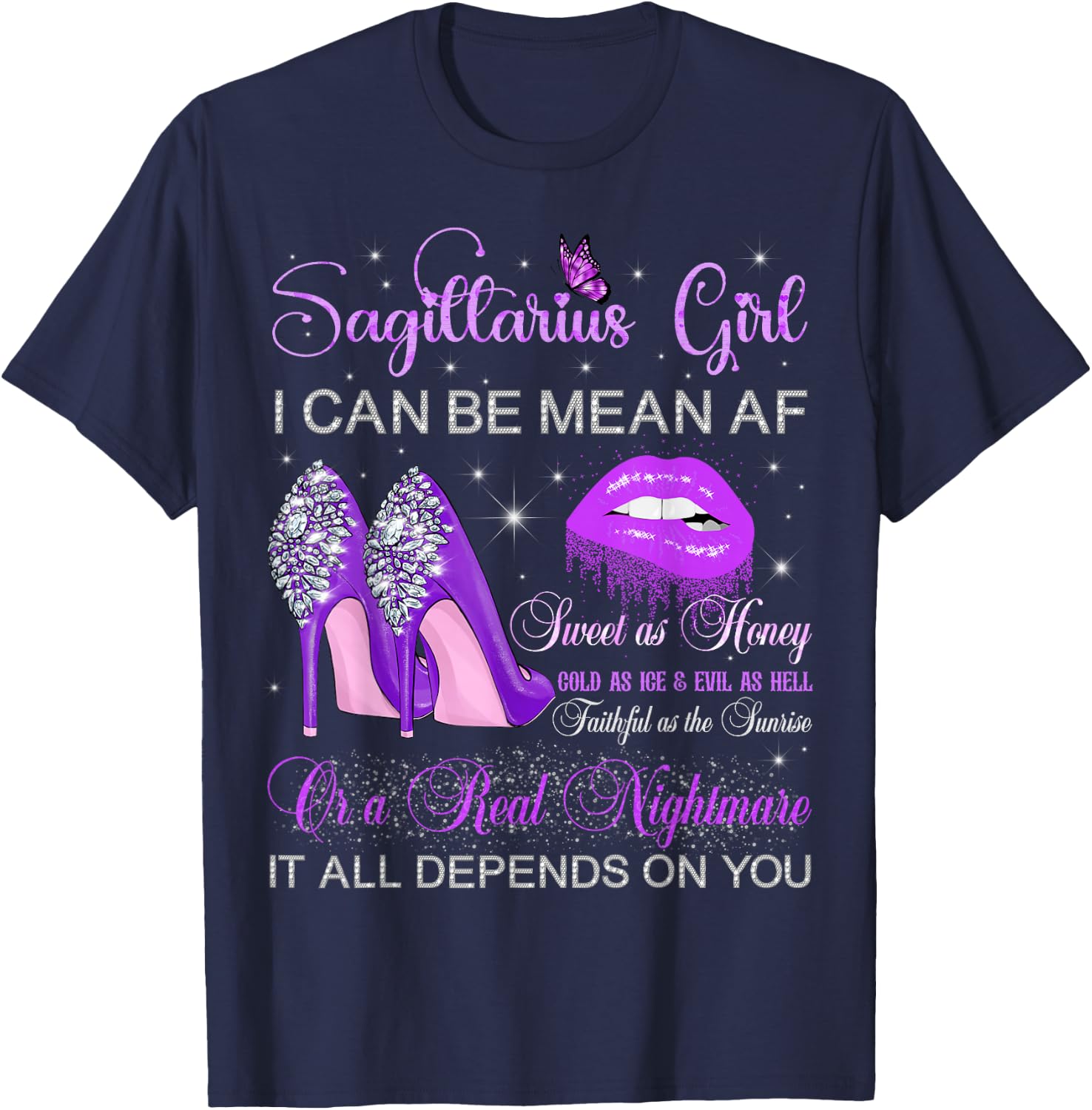 Sagittarius Girl Birthday Purple High Heels Dripping Lips T-Shirt - T-Shirt | Navy