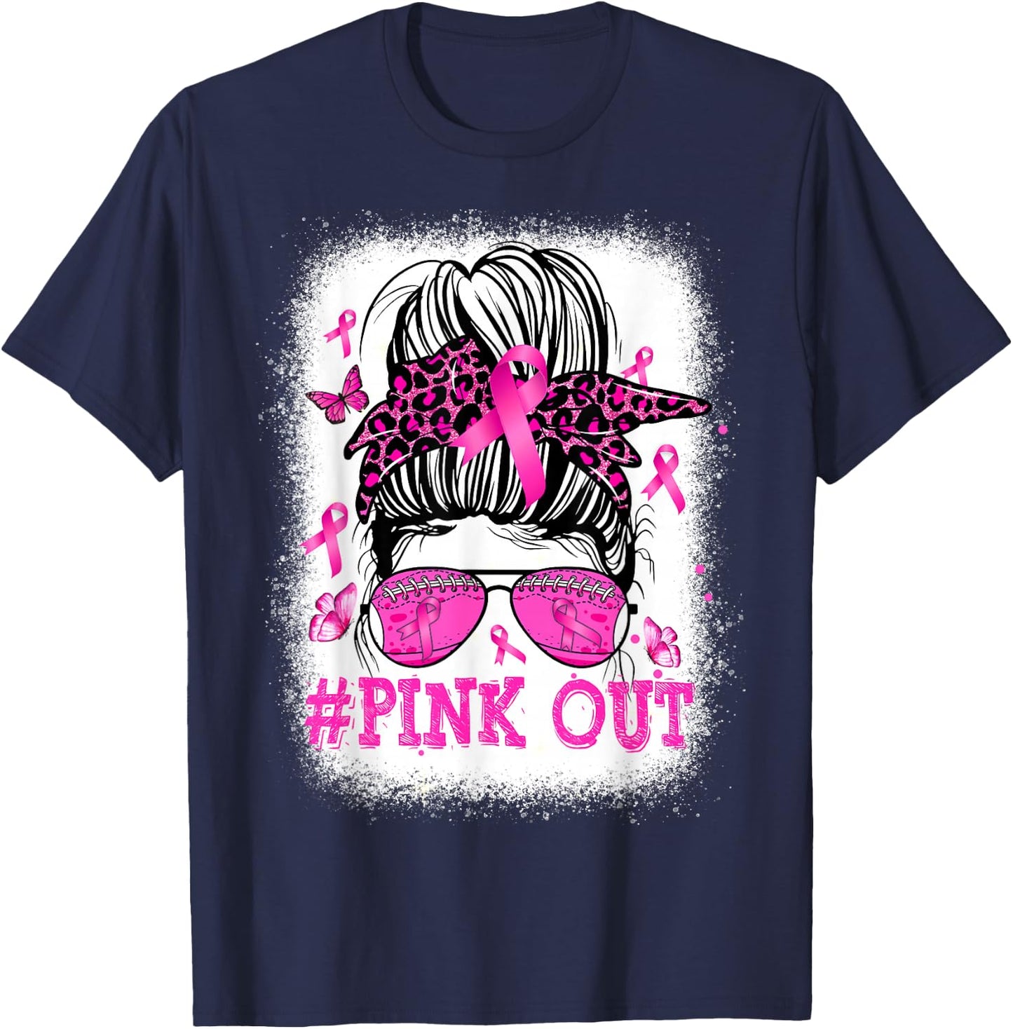 Bleached Pink Out Messy Bun Football Breast Cancer Awareness T-Shirt - T-Shirt | Navy