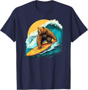 Cool Bear Surfing on Surfboard Hang Ten Surf Waves Sun Ocean T-Shirt - T-Shirt | Navy