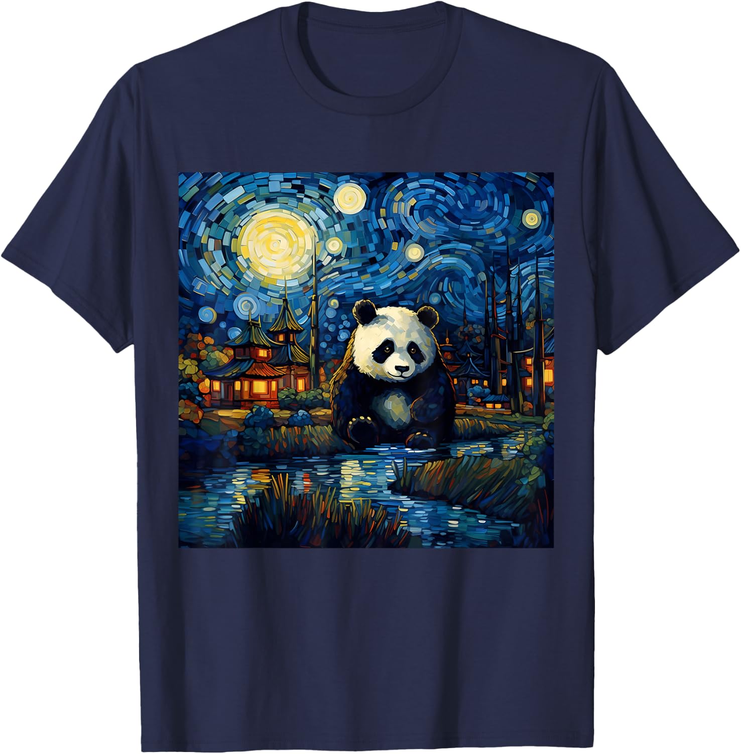 Surreal Starry Night Aesthetic Panda T-Shirt - T-Shirt | Navy