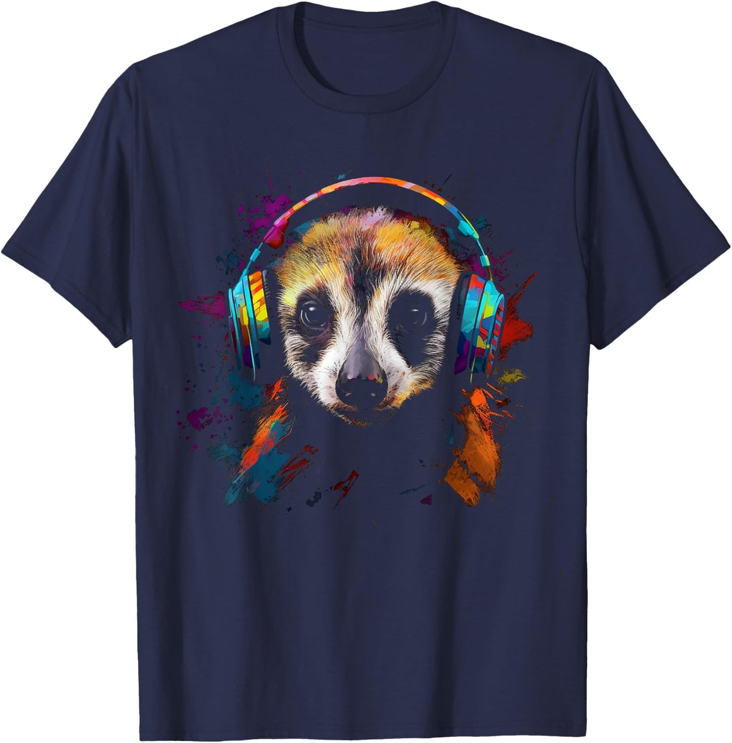 Meerkat Animal Music Art - Colourful Headphones Meerkat T-Shirt - T-Shirt | Navy