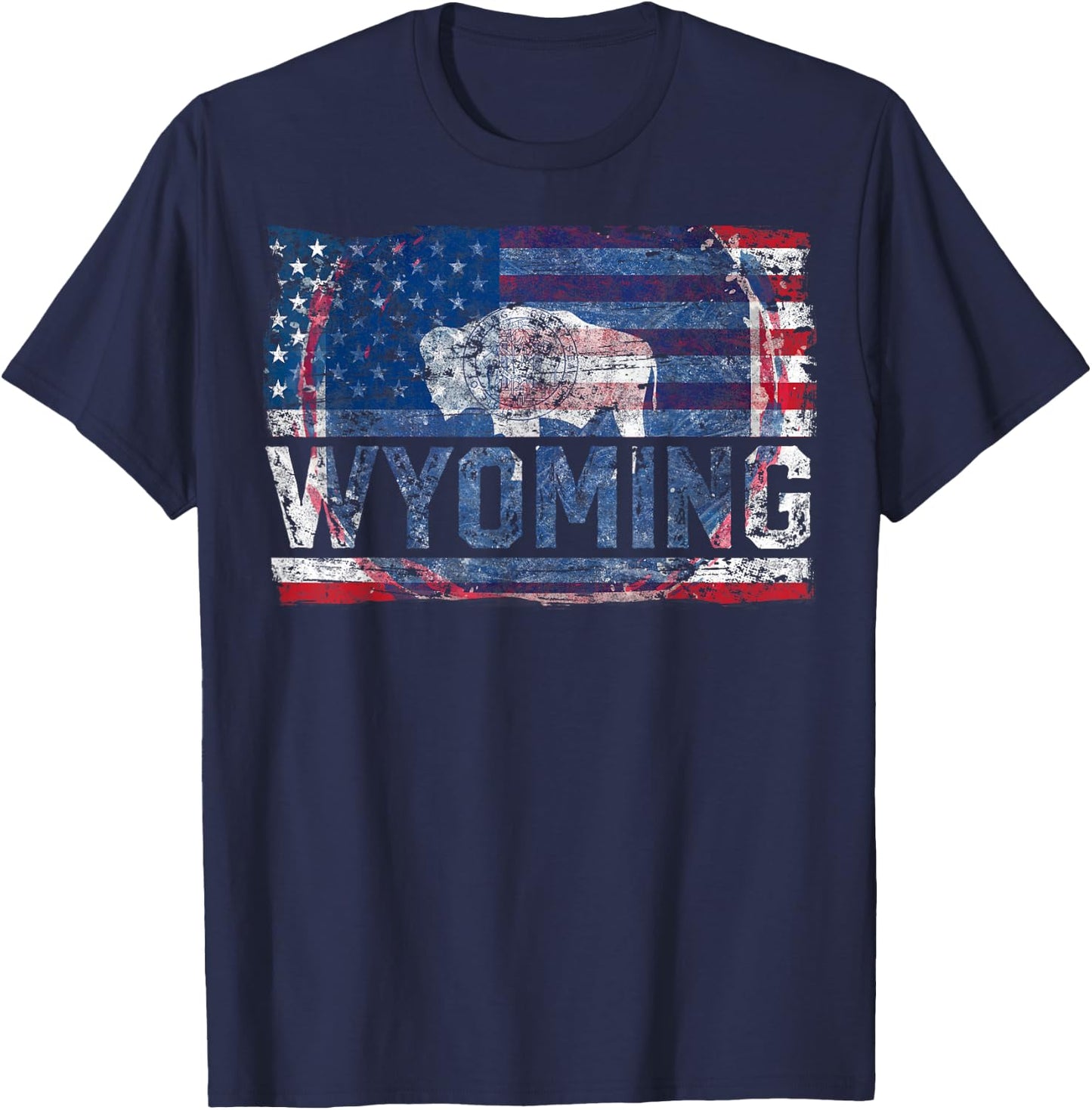 Vintage Wyoming Cowboy State US Flag Buffalo National Parks T-Shirt - T-Shirt | Navy