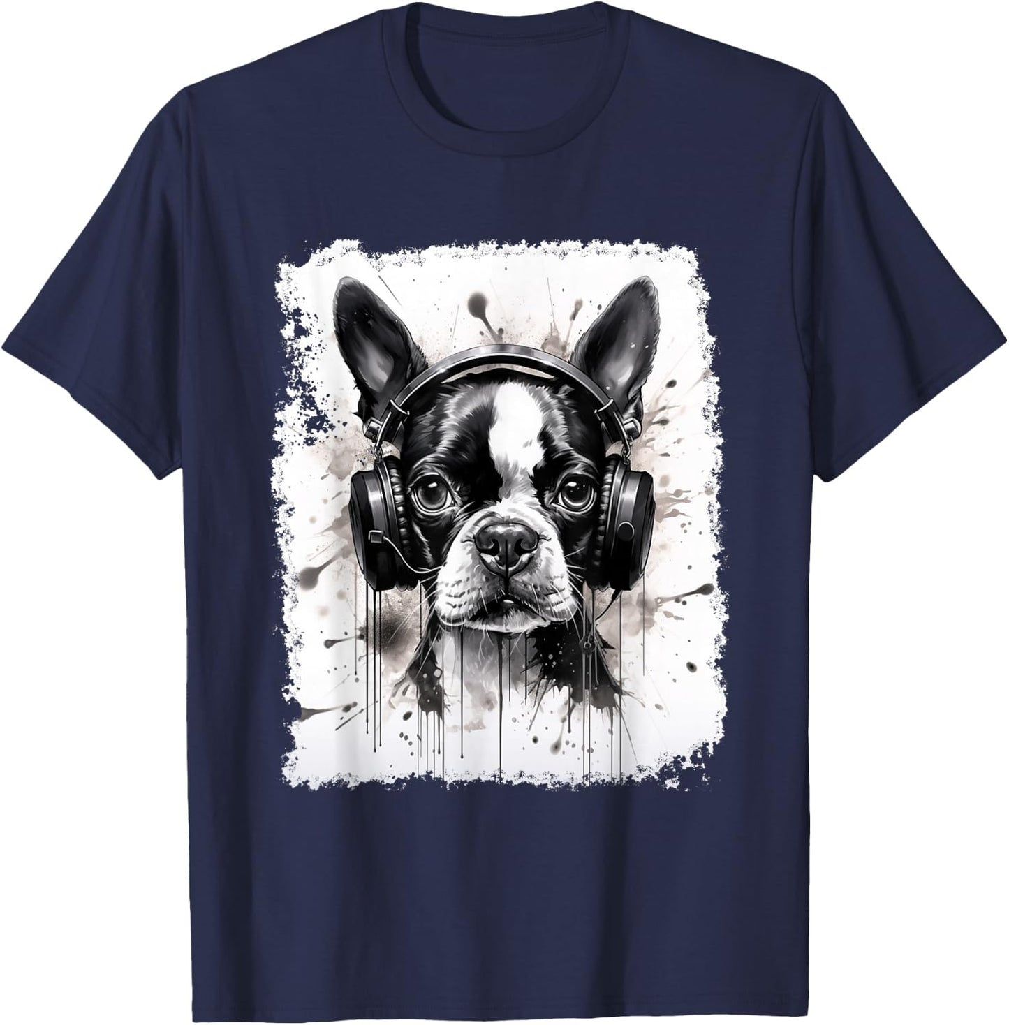 Dog Boston Terrier Music T-Shirt - T-Shirt | Navy