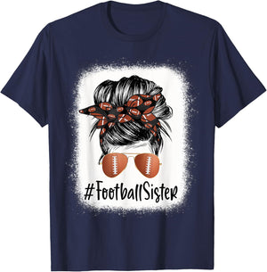 Bleached Football Sister Life Messy Bun Player Mother's Day T-Shirt - T-Shirt | Navy