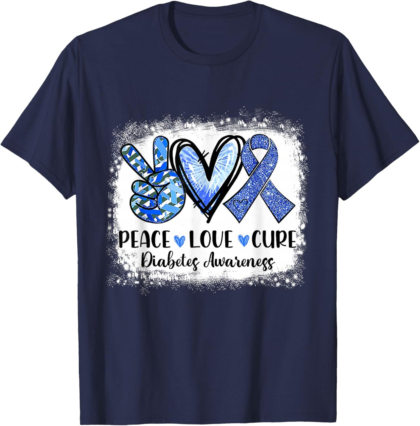 Peace Love Cure Type 1 Diabetes Awareness T1d Blue Ribbon T-Shirt - T-Shirt | Navy