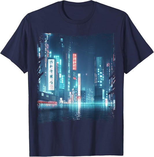 Japanese City Skyline Night Cityscape Sci Fi Tokyo T-Shirt - T-Shirt | Navy
