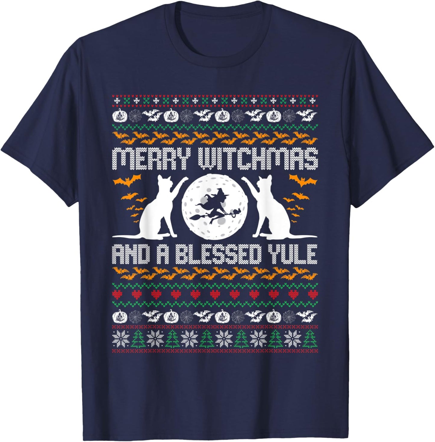Merry Witchmas Funny Cat Lover Christmas Ugly Xmas Sweater Women T-Shirt - T-Shirt | Navy