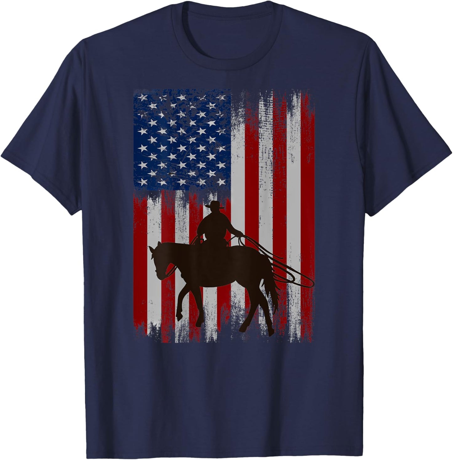 (Print on Back) vintage usa american flag cowboy Rodeo T-Shirt - T-Shirt | Navy