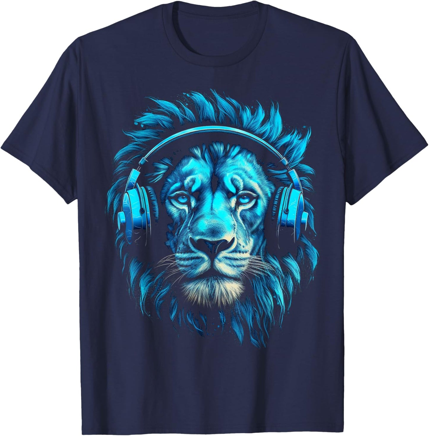 Lion Art Music Animal Headphones Blue Zoo Lion Motif T-Shirt - T-Shirt | Navy