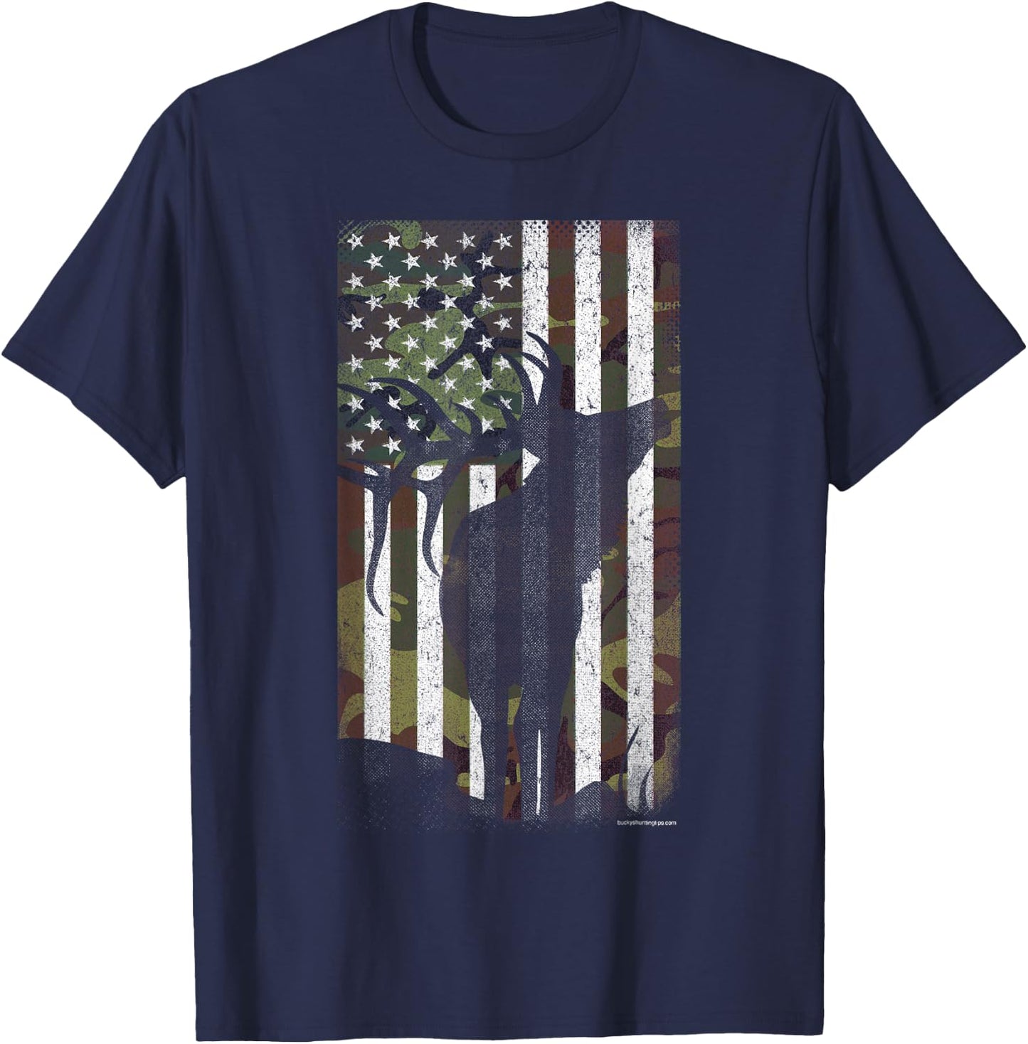 Elk Hunting Bugling Bull Camo US Flag - American Retro T-Shirt - T-Shirt | Navy