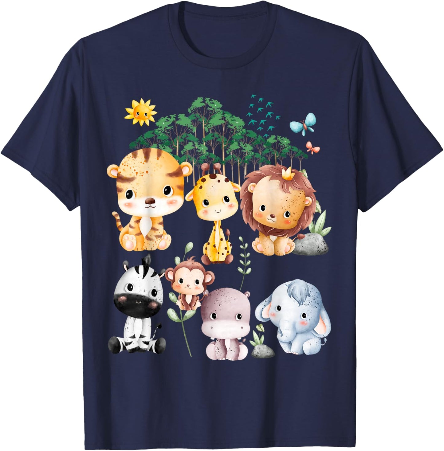 Jungle Animal Wildlife Safari Theme Forest Cute Baby Animals T-Shirt - T-Shirt | Navy