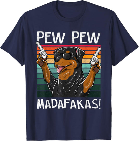 Rottweiler Pew Dog Vintage Retro Sunset Dogs Guns Nerd Women T-Shirt - T-Shirt | Navy
