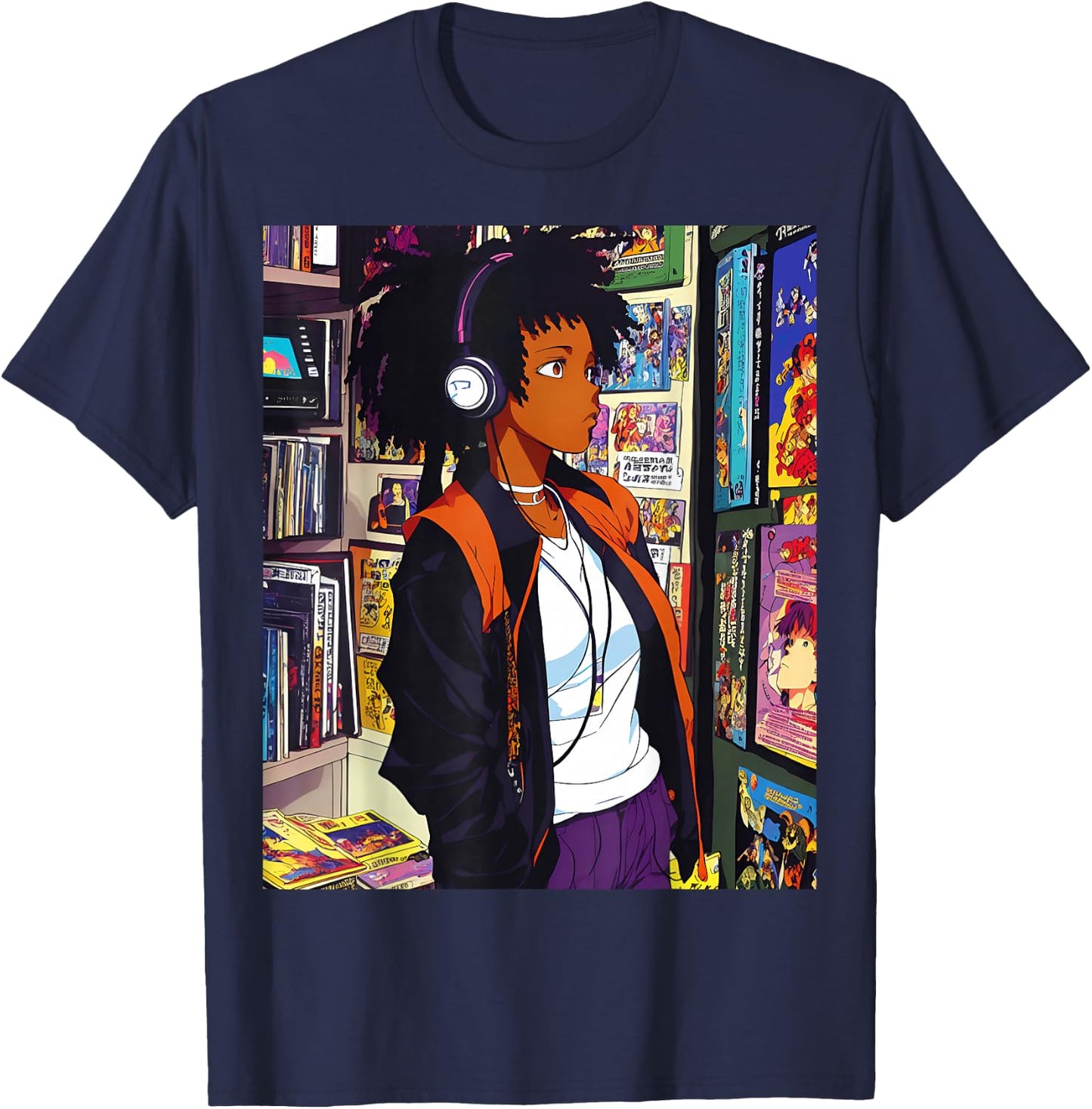 Anime Black Girl Lofi Music 90s Retro Afro Cartoon T-Shirt - T-Shirt | Navy