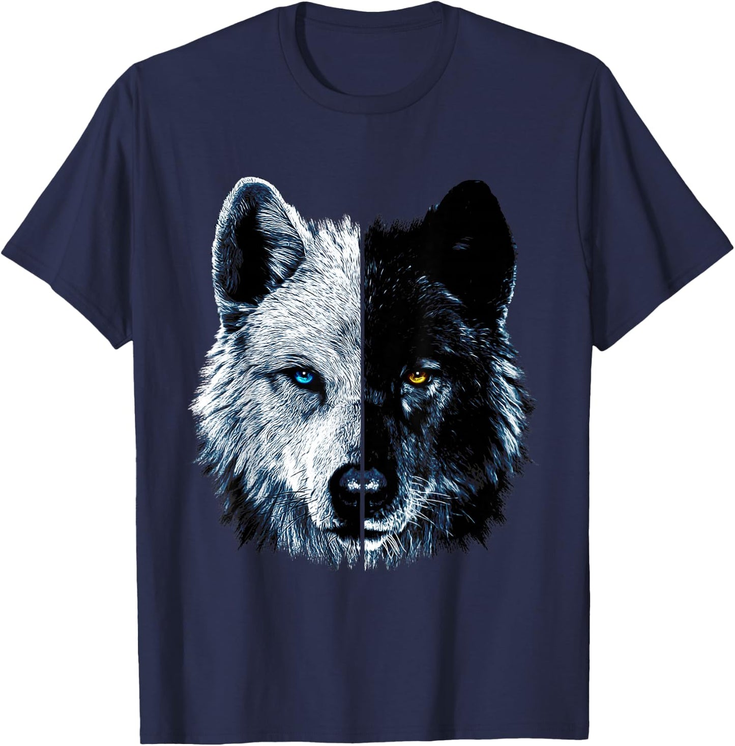 Polar And Black Two Face Wolf Split Face Magical Wolves T-Shirt - T-Shirt | Navy