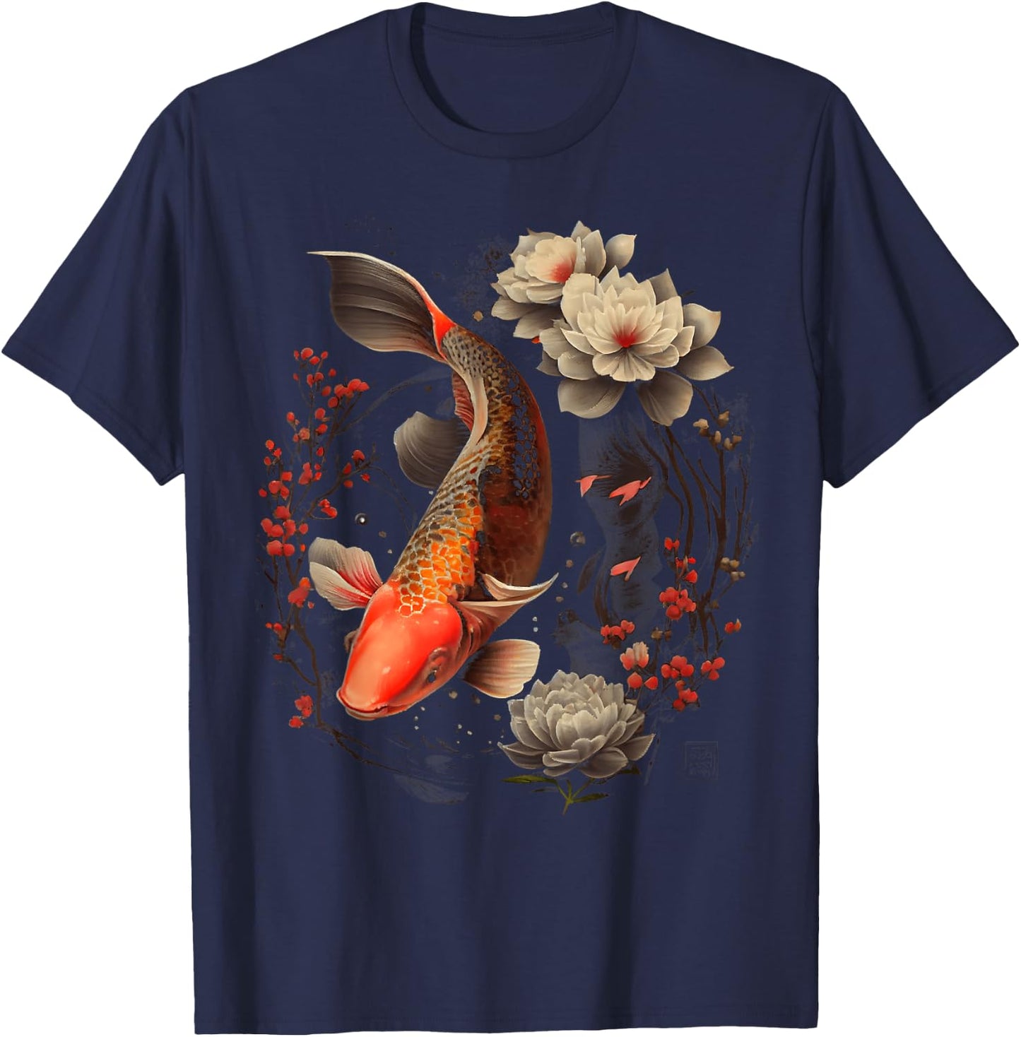 Japanese Koi Carp Nishikigoi Fish Graphic Cherry Blossom T-Shirt - T-Shirt | Navy