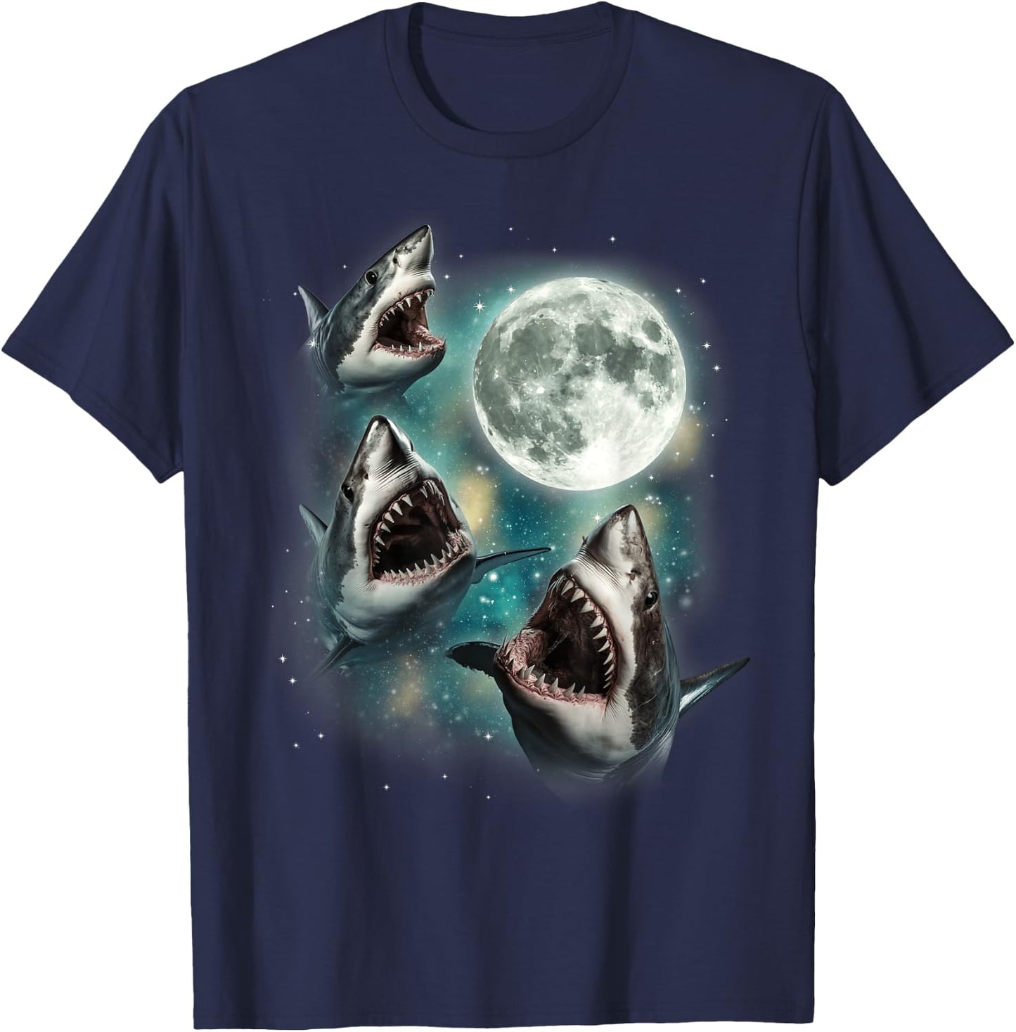 Three Shark Moon | 3 Great Whites Howling Wolfs Moon Parody T-Shirt - T-Shirt | Navy