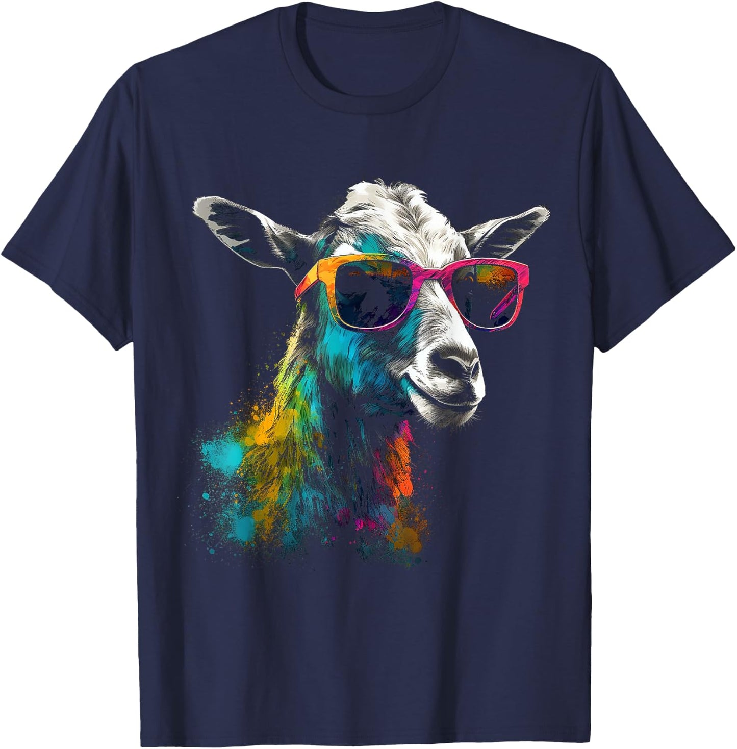 Goat Lover Artwork Sunglasses | Colorful Animal Motif Goat T-Shirt - T-Shirt | Navy