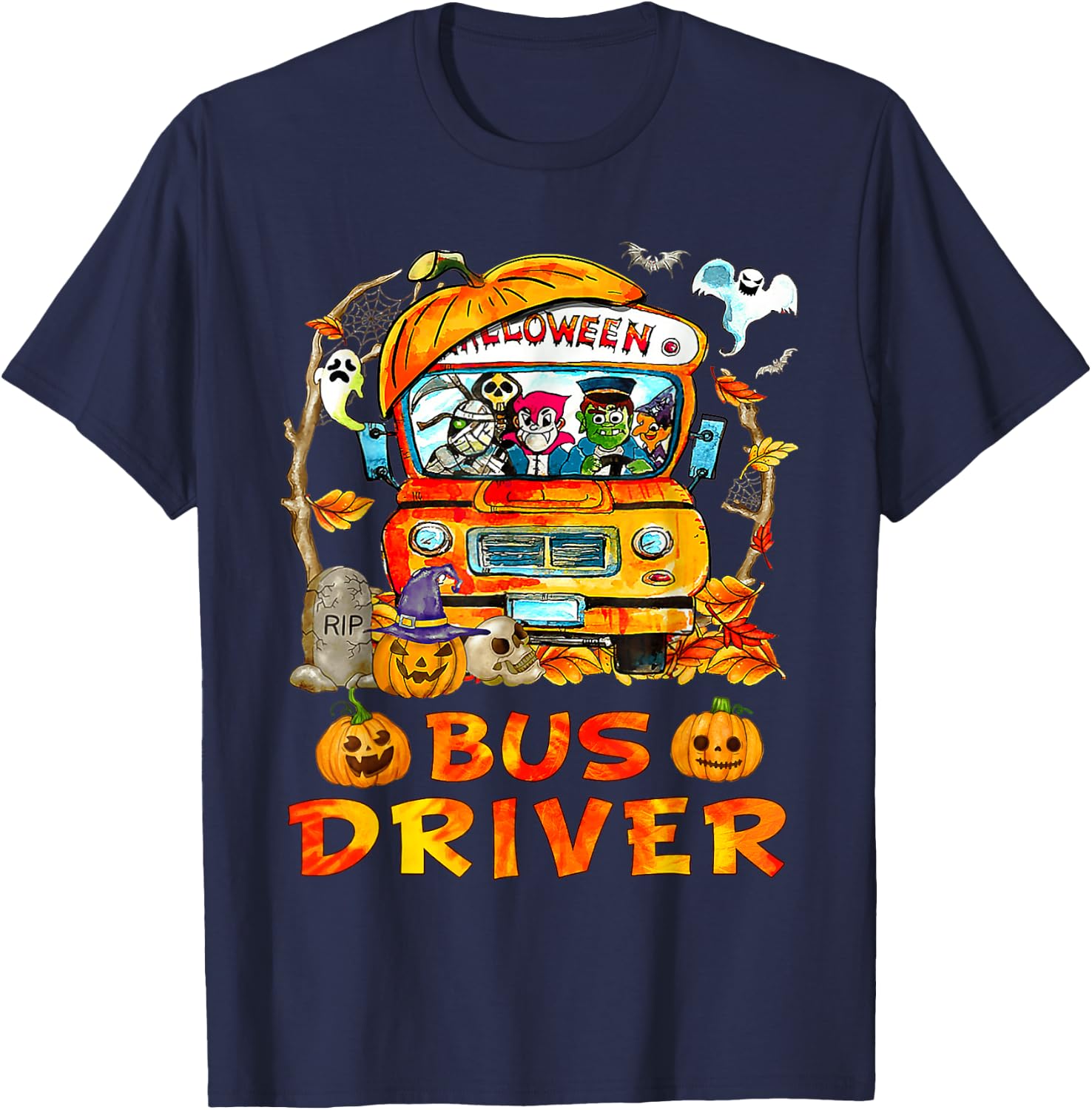 School Bus Driver Pumpkin Season Skeleton Fall Halloween T-Shirt - T-Shirt | Navy