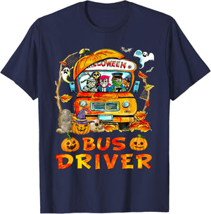 School Bus Driver Pumpkin Season Skeleton Fall Halloween T-Shirt - T-Shirt | Navy