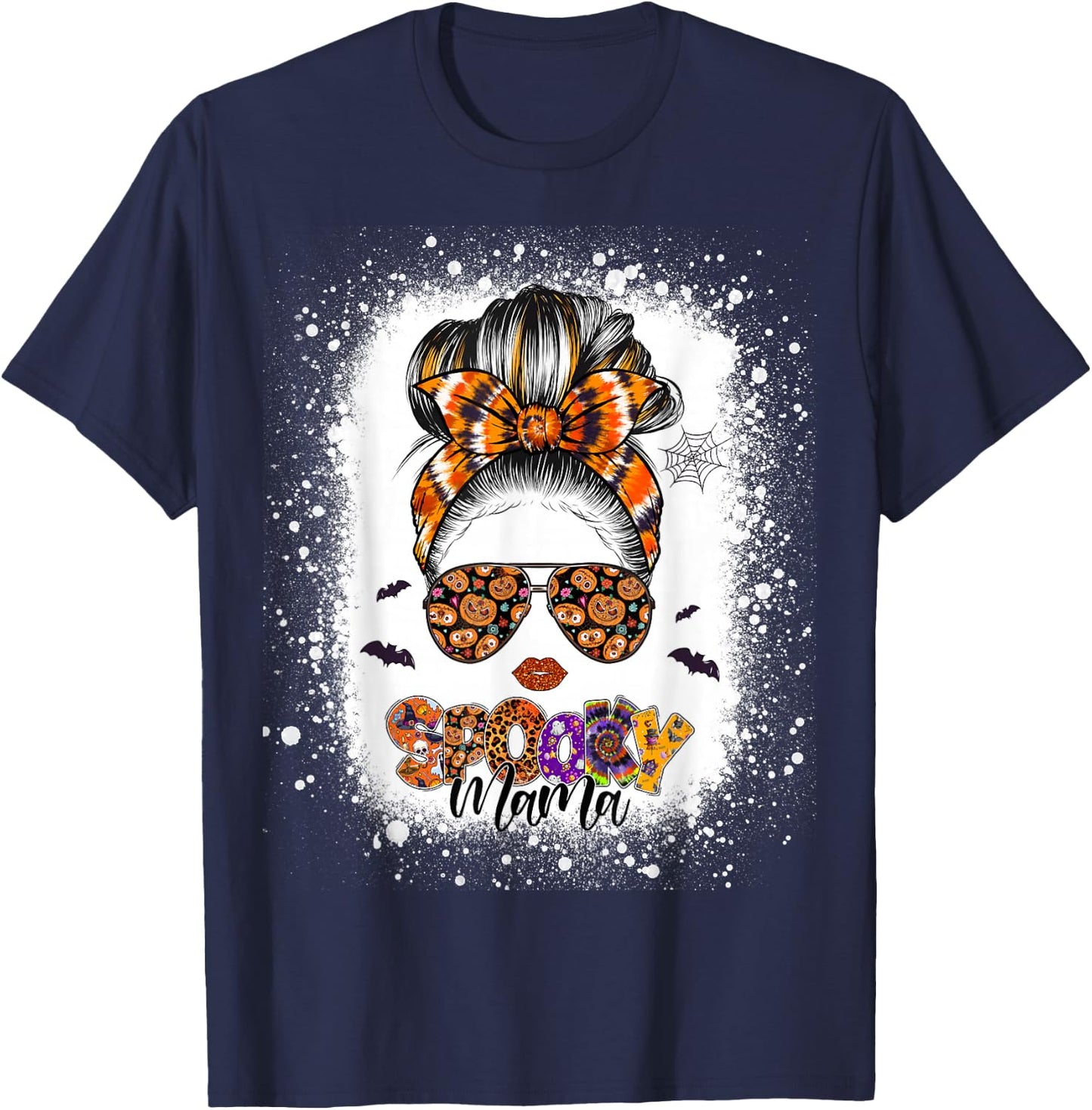 Spooky Mama Halloween Monster Messy Bun Skull Mom Bleached T-Shirt - T-Shirt | Navy