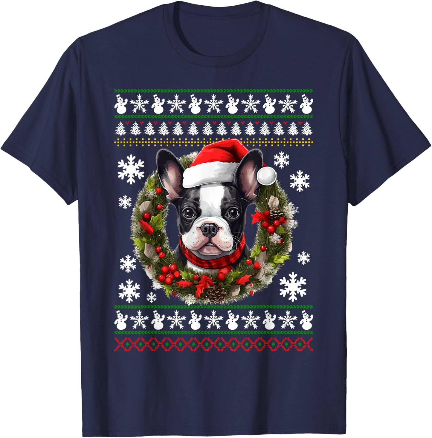 Boston Terrier With Santa Hat Ugly Christmas T-Shirt - T-Shirt | Navy
