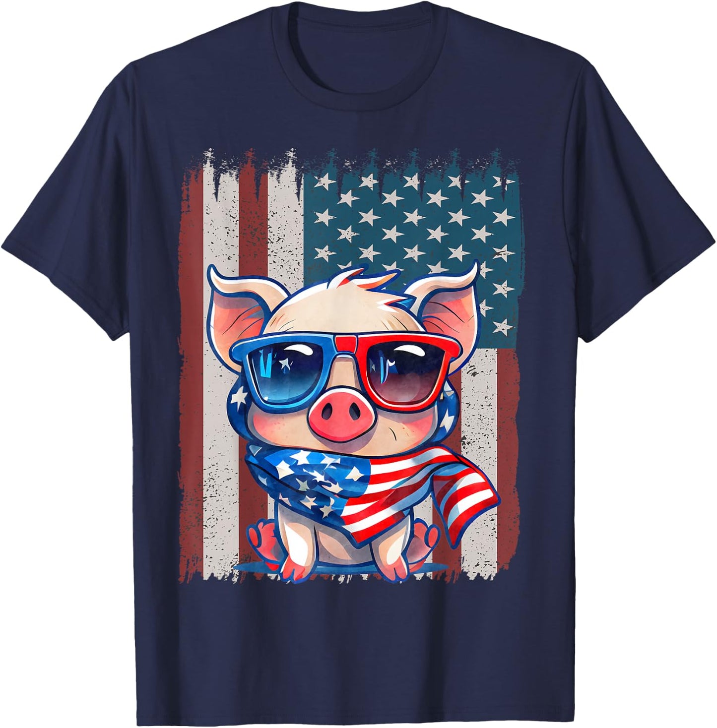 Retro American Flag Pig Dad Mom 4th of July T-Shirt - T-Shirt | Navy