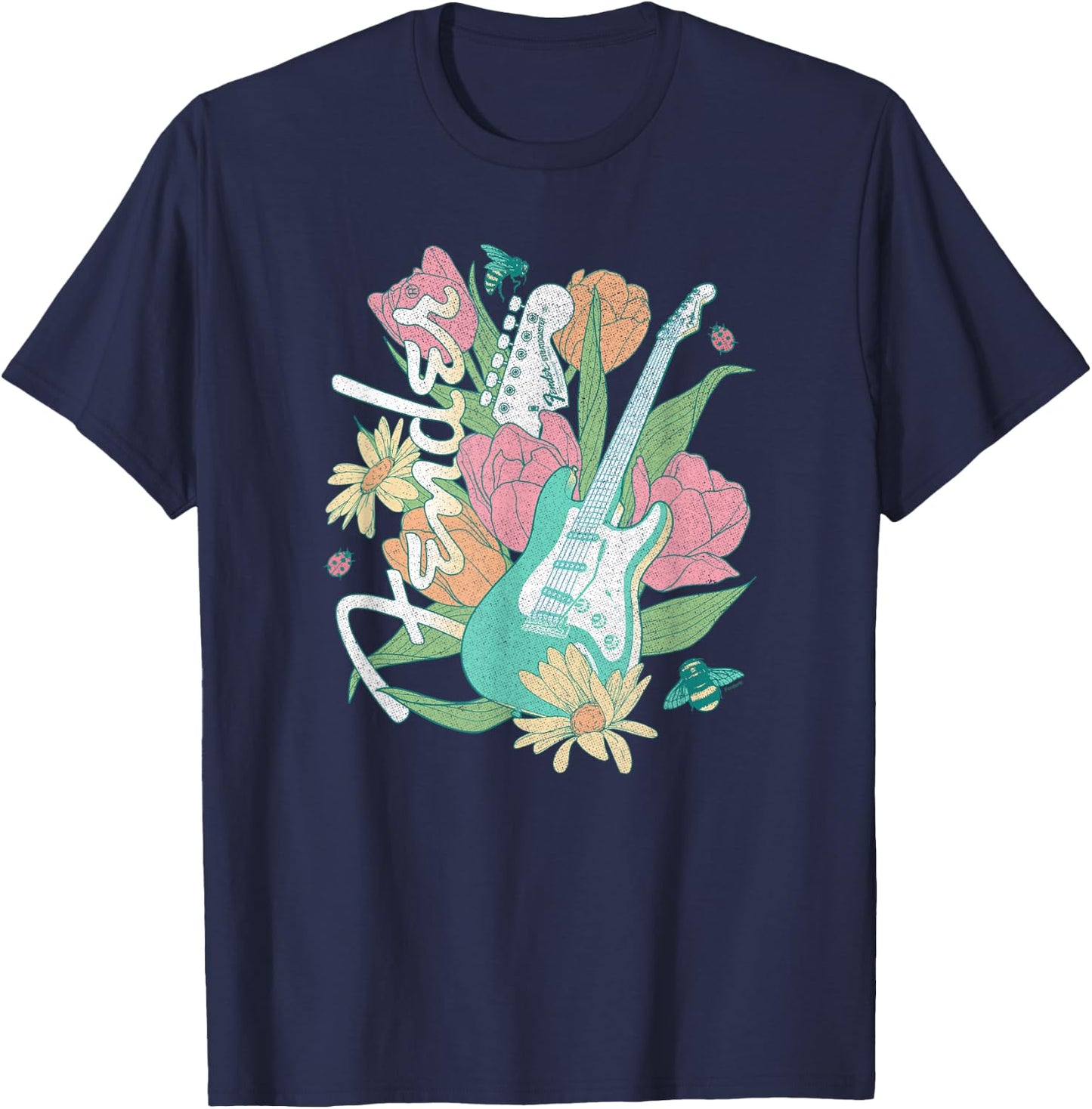Fender Spring Time Guitar Vintage Bees And Flowers Poster T-Shirt - T-Shirt | Navy