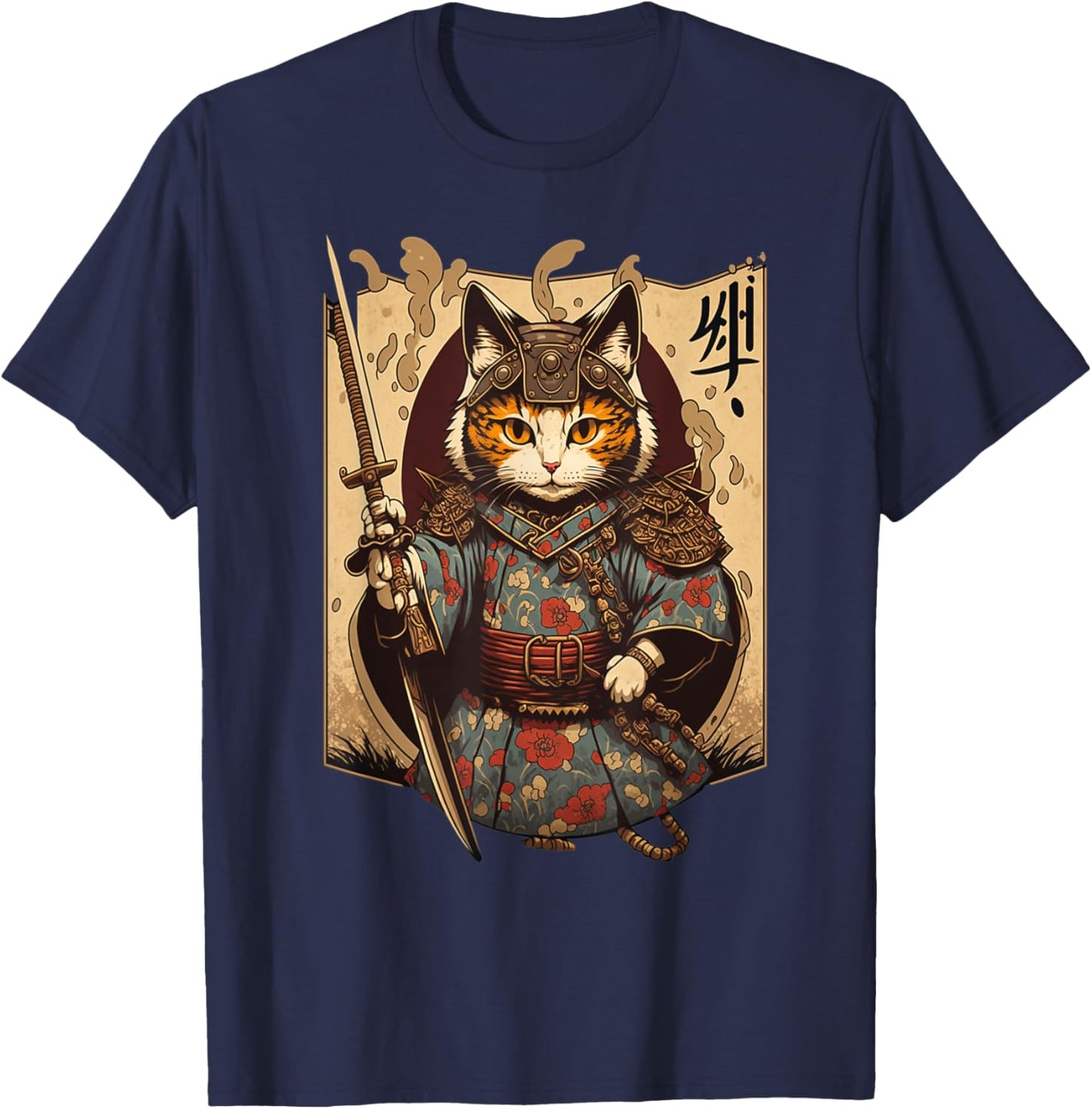 Retro Japanese Samurai Ninja Cat Kawaii Tattoo Graphic Style T-Shirt - T-Shirt | Navy