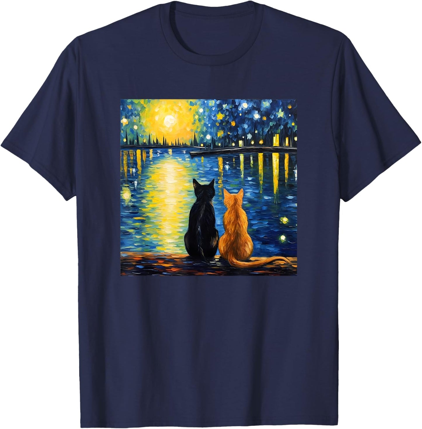 Two Cats Starry Night Lover Cat Art Painting Kitten Van Gogh T-Shirt - T-Shirt | Navy