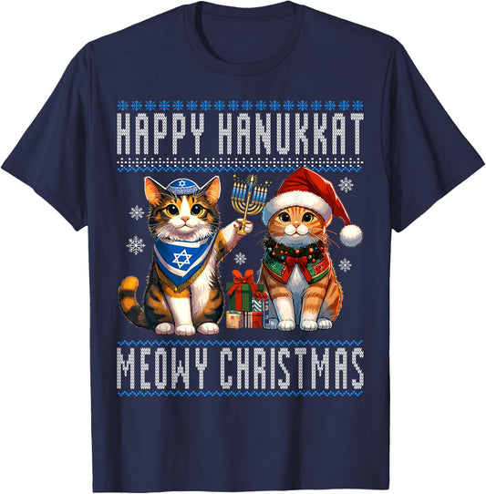 Cat Merry Christmas Happy Hanukkah Jewish Christian Men Women Kids T-Shirt - T-Shirt | Navy