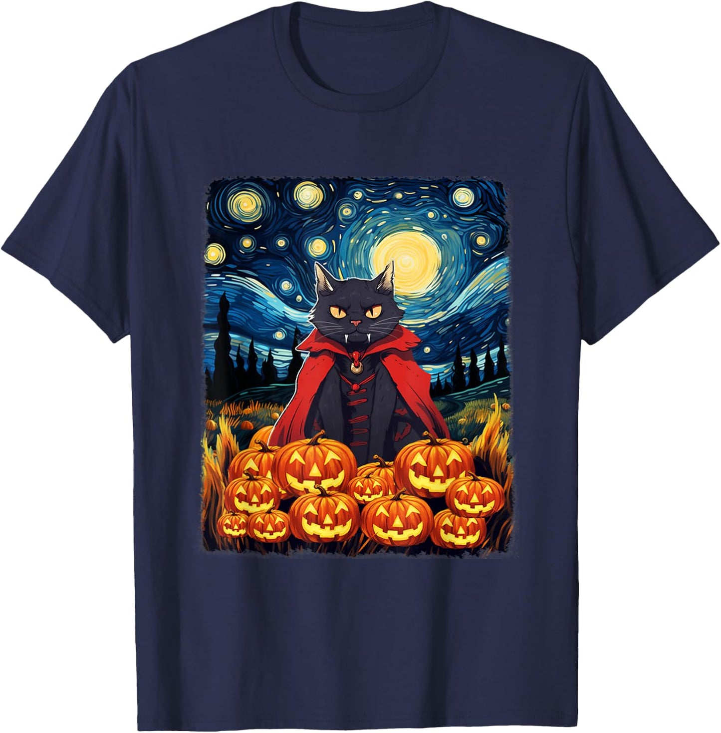 Dracula Cat Starry Night Van Gogh Retro Halloween Cat T-Shirt - T-Shirt | Navy