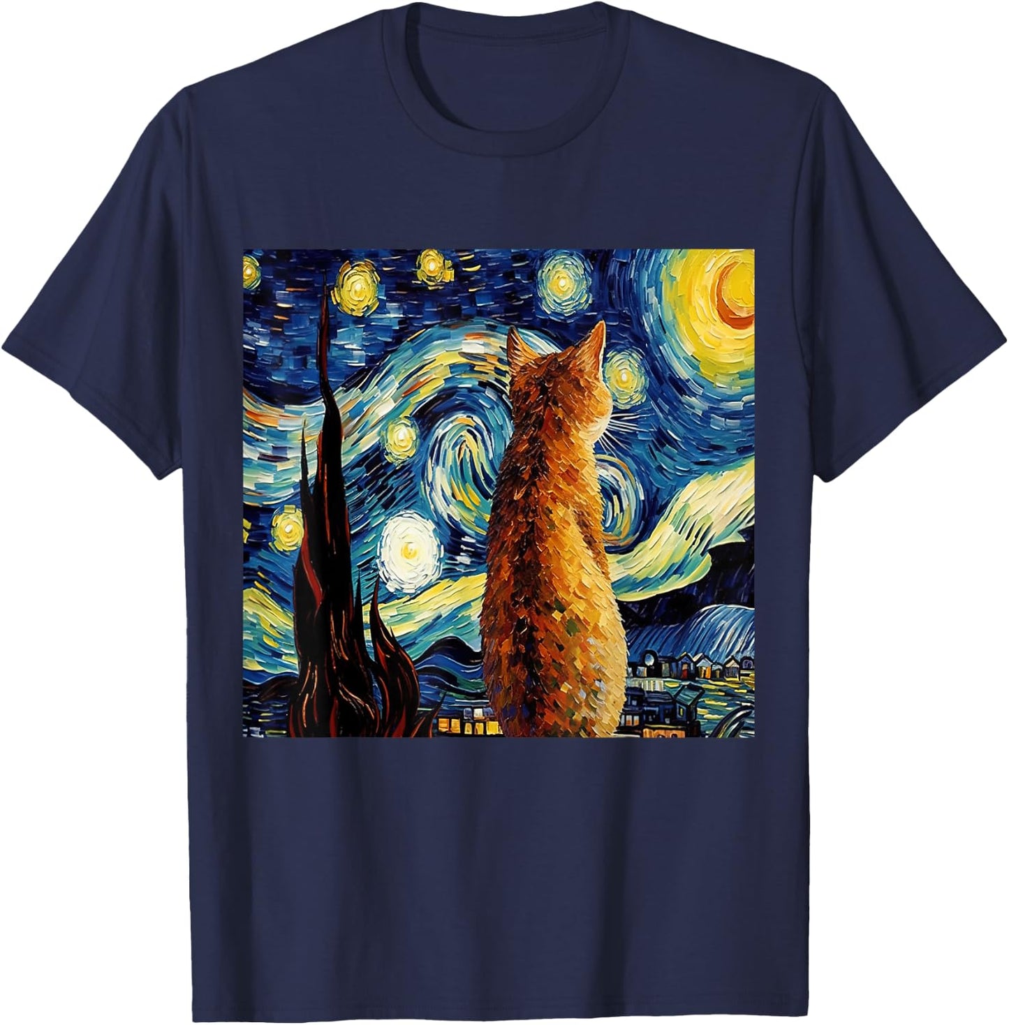 Calico Cat Starry Night Moon And Stars Art Men Women Girls Kids T-Shirt - T-Shirt | Navy