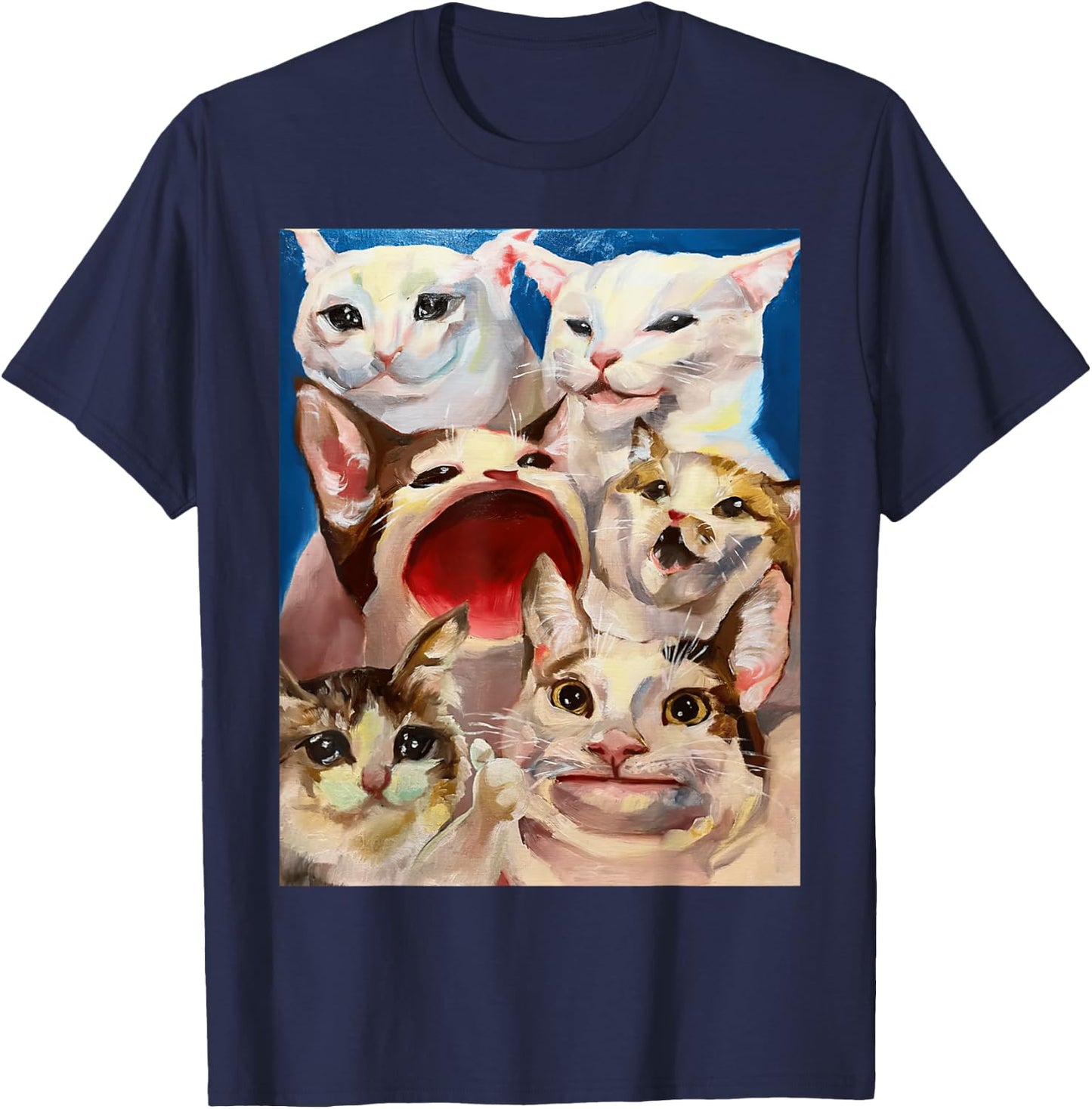 Funny Dinner Table Cat Crying Cat Pop Cat Polite Cat Meme Women Girls Kids T-Shirt - T-Shirt | Navy