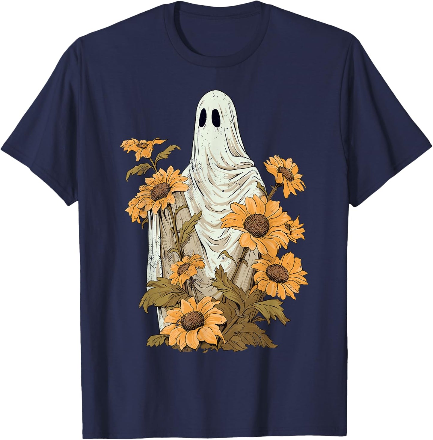Vintage Floral Ghost Sunflowers Spooky Halloween Graphic T-Shirt - T-Shirt | Navy