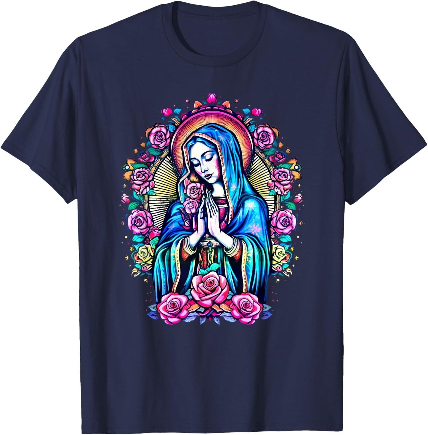 Praying Virgin Mary, roses, Christianity, faith, saint image T-Shirt - T-Shirt | Navy