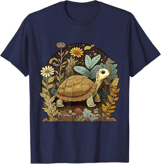 Cute Cottagecore Floral Turtle Aesthetic Girls Women Graphic T-Shirt - T-Shirt | Navy