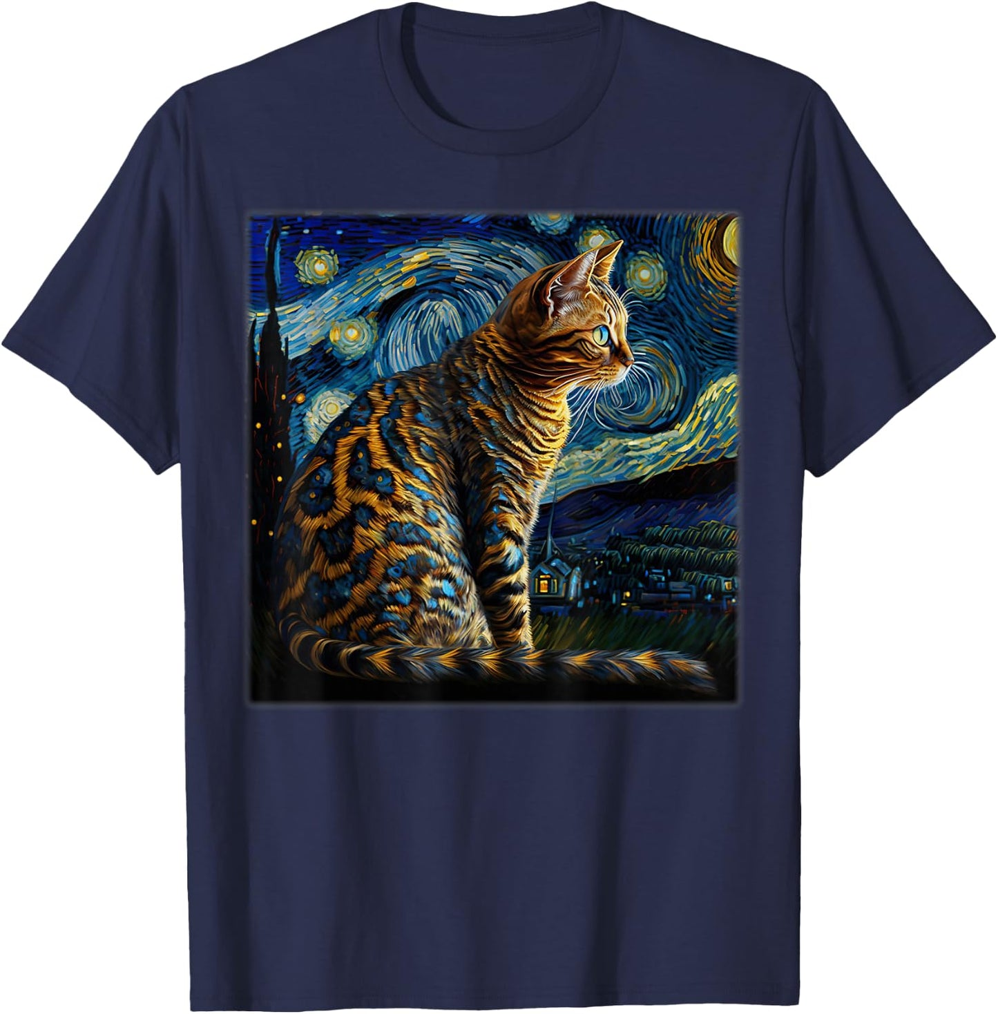 Surrealism Starry Night Bengal cat T-Shirt - T-Shirt | Navy